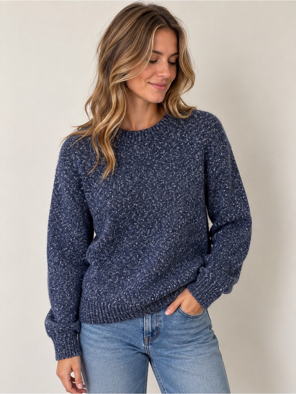 Aspen Blue Marled Cotton Yak Blend Crewneck Knit Sweater